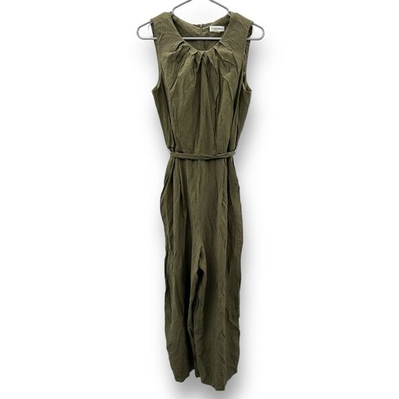 Calvin Klein Olive Green Sleeveless Wide Leg‎ Tie Waist Cropped Jumpsuit Sz 10 - Picture 1 of 13